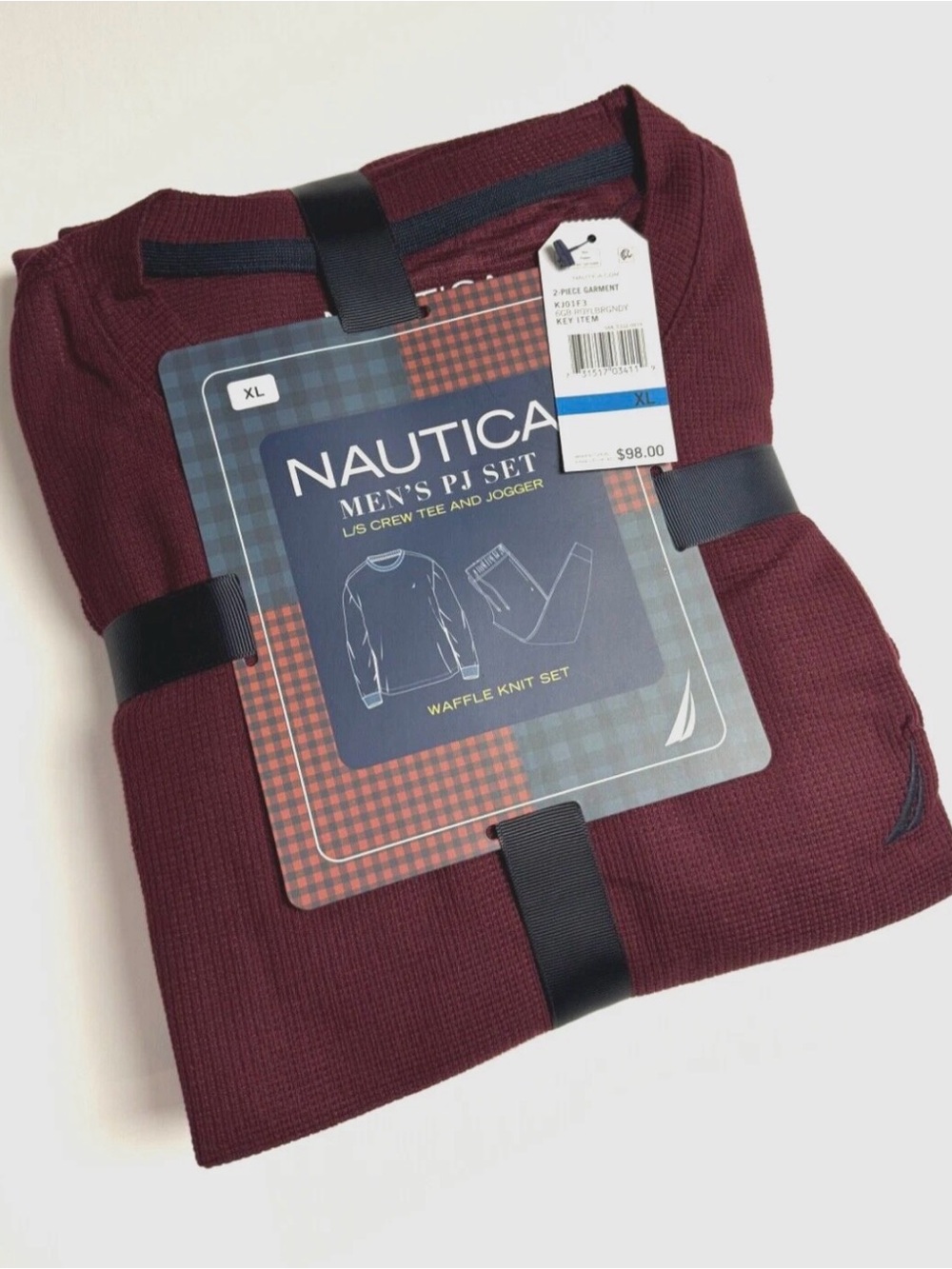 Nautica Waffle Knit Men's Pajama Set 2 Pc Long Sleeve Tee & Jogger XL Burgundy